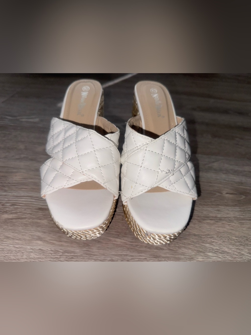 Quilted White Slide Sandals with Gold Woven Platform